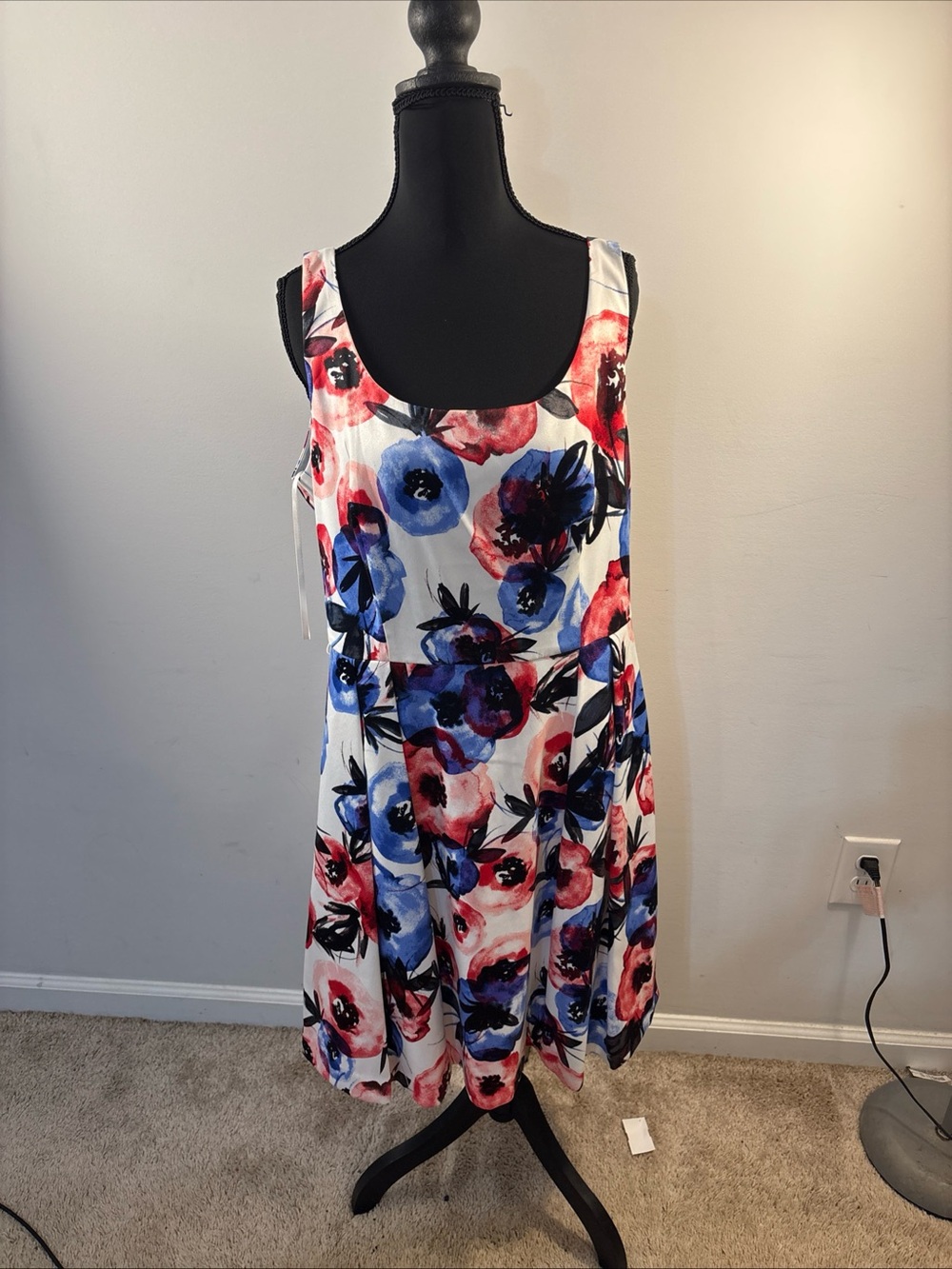 Luxe by Carmen Marc Valvo Floral A-Line Sleeveless Dress Red, Blue & Black. 780